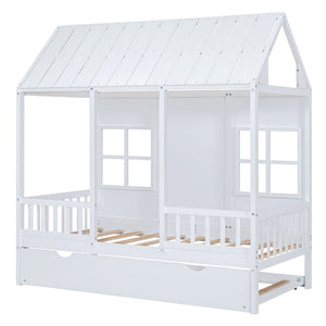 English Elm Twin House Bed White Pinewood Frame with Pull Out Trundle for Kids Bedroom LP001668AAK-2