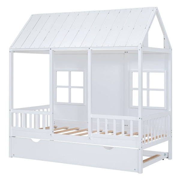 English Elm Twin House Bed White Pinewood Frame with Pull Out Trundle for Kids Bedroom LP001668AAK-2