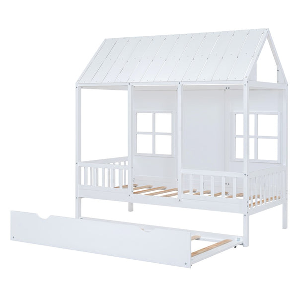 English Elm Twin House Bed White Pinewood Frame with Pull Out Trundle for Kids Bedroom LP001668AAK-2