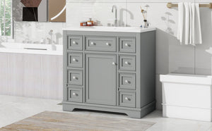 English Elm 36" Modern Bathroom Vanity with Ceramic Sink, Solid Wood & MDF Build, Six Drawers + Cabinet, Durable Finish and Adjustable Shelf for Organized Storage Grey SY999404AAE-6