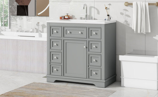 English Elm 36" Modern Bathroom Vanity with Ceramic Sink, Solid Wood & MDF Build, Six Drawers + Cabinet, Durable Finish and Adjustable Shelf for Organized Storage Grey SY999404AAE-6