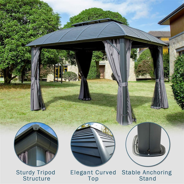 English Elm Outdoor Gazebo 10'x12' Hardtop with Galvanized Double Roof, Aluminum Frame, Curtains, Hooks for Lights Fans W1859S00046