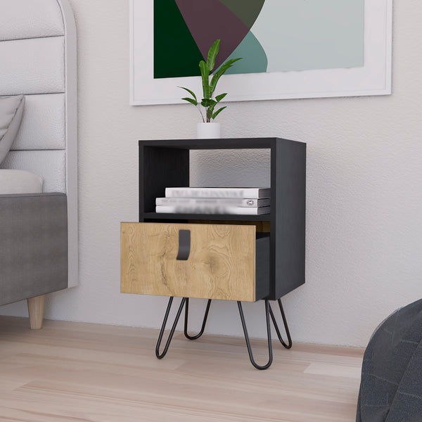 English Elm Nightstand Black & Macadamia B Magness — Modern Engineered Wood Bedside Table with Drawer & Shelf B092P154881