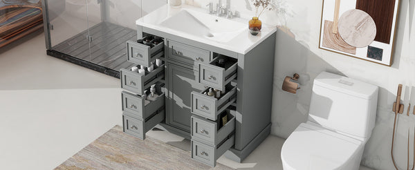 English Elm 36" Modern Bathroom Vanity with Ceramic Sink, Solid Wood & MDF Build, Six Drawers + Cabinet, Durable Finish and Adjustable Shelf for Organized Storage Grey SY999404AAE-6