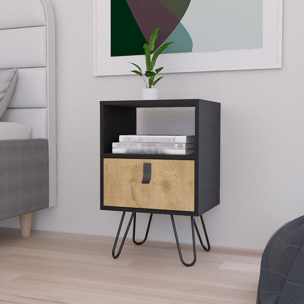 English Elm Nightstand Black & Macadamia B Magness — Modern Engineered Wood Bedside Table with Drawer & Shelf B092P154881