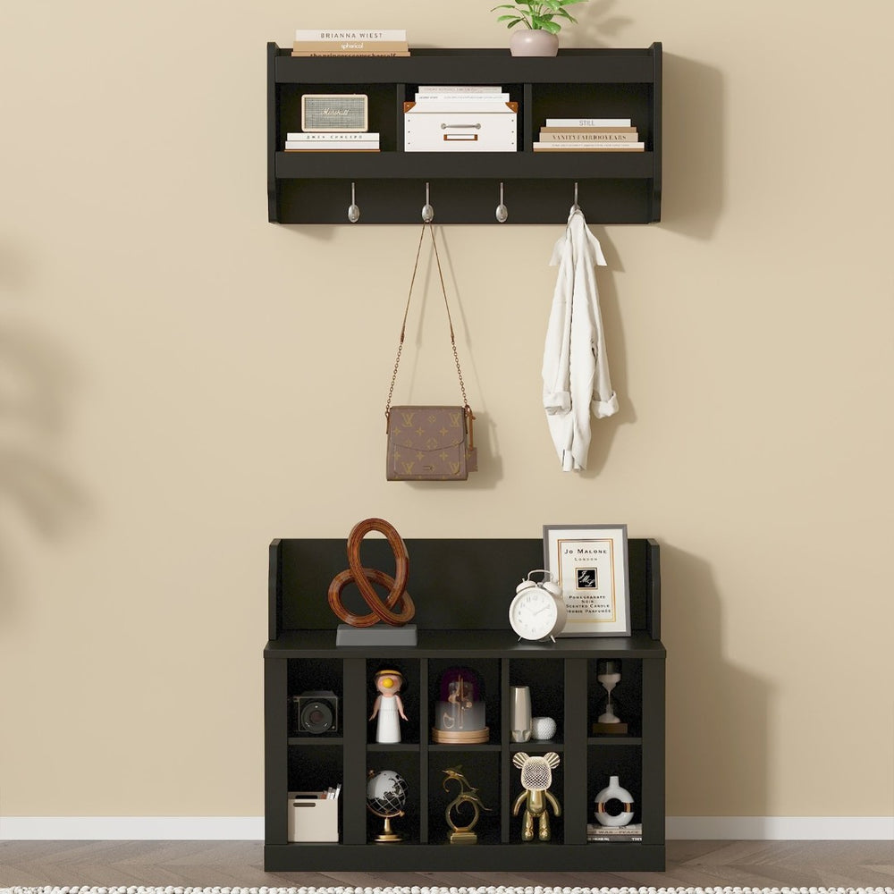 English Elm On-trend Matte Black Entryway Bench with Wall Cabinet Ten Compartments Four Hooks WF313576AAB