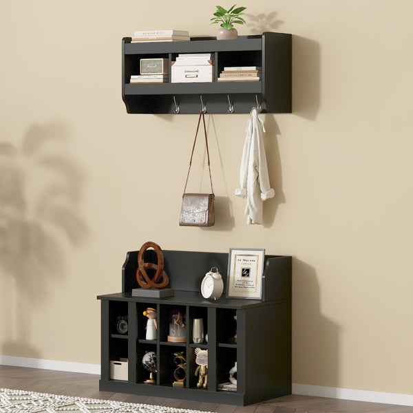 English Elm On-trend Matte Black Entryway Bench with Wall Cabinet Ten Compartments Four Hooks WF313576AAB