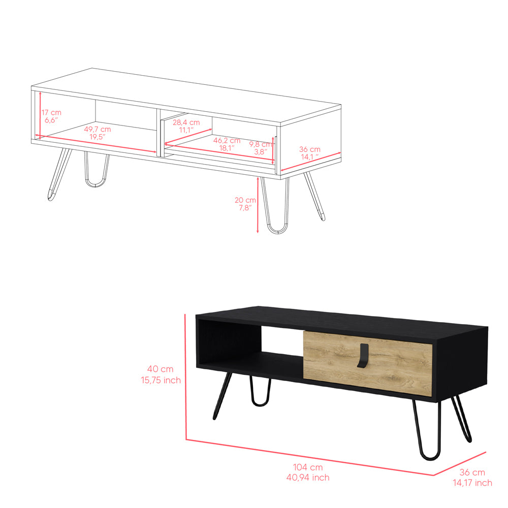 English Elm Coffee Table Magness Modern Dual-Tone Black Macadamia Coffee Table with Drawer, Shelf & Metal Legs B092P154878