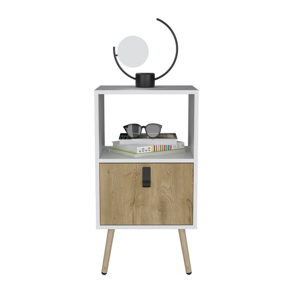 English Elm Nightstand Modern A Magness White & Macadamia Finish with Drawer, Open Shelf, Elevated Legs, Durable Engineered Wood B092P154880