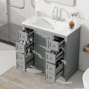 English Elm 36" Modern Bathroom Vanity with Ceramic Sink, Solid Wood & MDF Build, Six Drawers + Cabinet, Durable Finish and Adjustable Shelf for Organized Storage Grey SY999404AAE-6