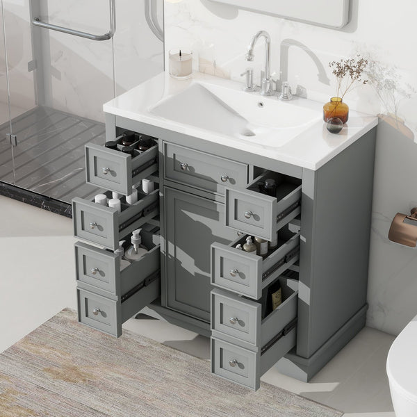 English Elm 36" Modern Bathroom Vanity with Ceramic Sink, Solid Wood & MDF Build, Six Drawers + Cabinet, Durable Finish and Adjustable Shelf for Organized Storage Grey SY999404AAE-6
