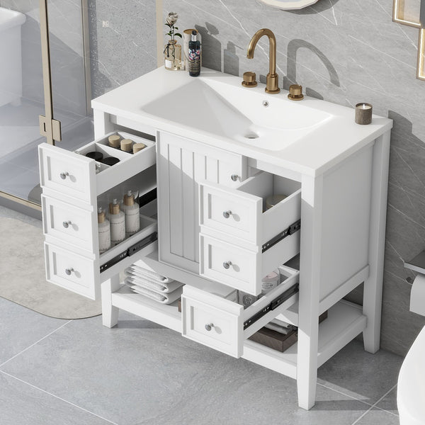 English Elm 36" Bathroom Vanity With Center Sink, Solid Wood & Mdf, 3 Drawers, Elegant White Finish, Modern Style N725P246500K