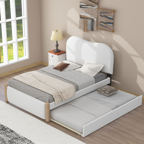 English Elm Twin Upholstered Platform Bed with Arc Headboard and Trundle, Berber Fleece Comfort, Sturdy Frame White DL000562AAK