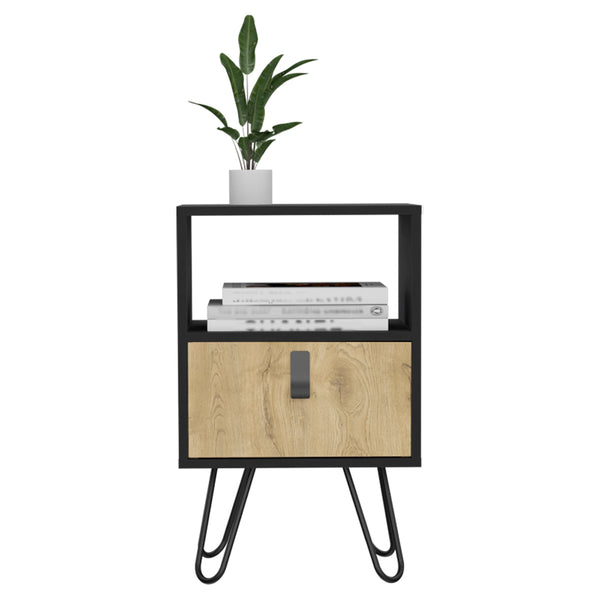 English Elm Nightstand Black & Macadamia B Magness — Modern Engineered Wood Bedside Table with Drawer & Shelf B092P154881