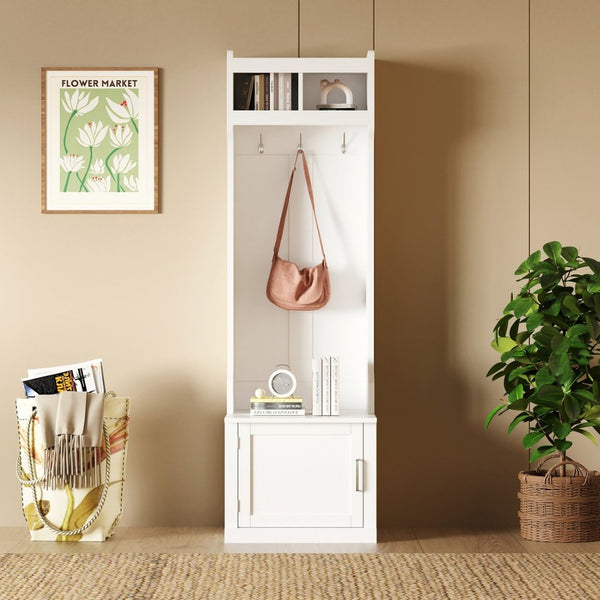 English Elm On-trend Slim Hall Tree Entryway Bench with Cabinet Six Hooks Matte Foyer Storage White N721P249243K