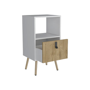 English Elm Nightstand Modern A Magness White & Macadamia Finish with Drawer, Open Shelf, Elevated Legs, Durable Engineered Wood B092P154880