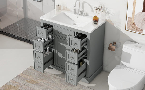 English Elm 36" Modern Bathroom Vanity with Ceramic Sink, Solid Wood & MDF Build, Six Drawers + Cabinet, Durable Finish and Adjustable Shelf for Organized Storage Grey SY999404AAE-6