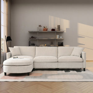 English Elm 107.87'sectional Sofa with Ottoman Removable Cushions Pine Frame L-shaped Living Room Beige W680S00145