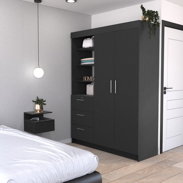 English Elm Kenya Black 2-Piece Bedroom Set with Armoire & Floating Nightstand, Spacious Drawers & Shelves B092S00246