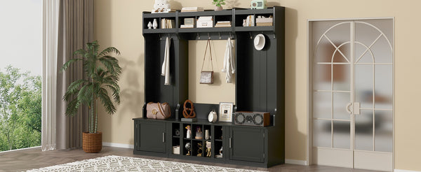 English Elm On-trend Modular Entryway Hall Tree with Hooks Shoe Cubbies Bench and Shelves Black N721S000025B