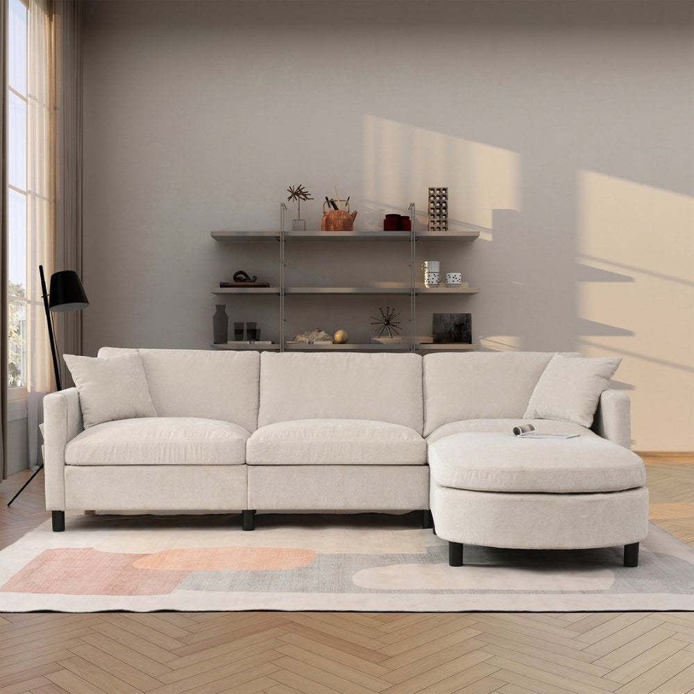 English Elm 107.87'sectional Sofa with Ottoman Pine Frame Removable Cushions Living Room Seating Beige W680S00008