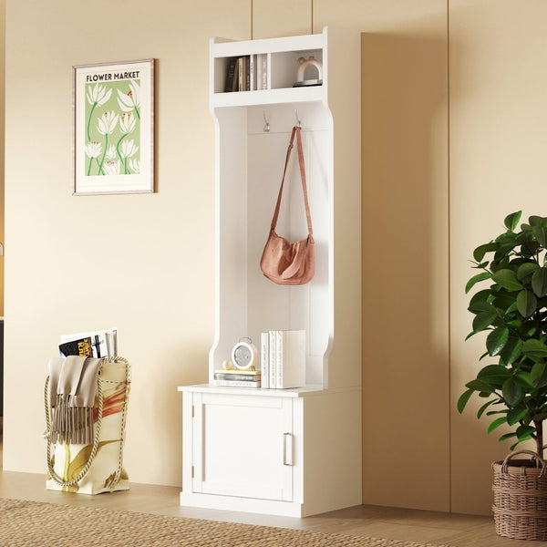 English Elm On-trend Slim Hall Tree Entryway Bench with Cabinet Six Hooks Matte Foyer Storage White N721P249243K