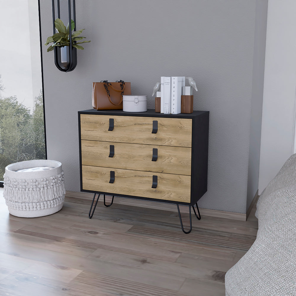 English Elm Dresser Magness Black/Macadamia — Compact 3-Drawer Engineered Wood with Metal Handles & Stable Four-Leg Base B092P154879