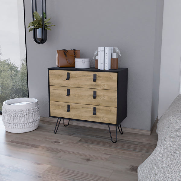 English Elm Dresser Magness Black/Macadamia — Compact 3-Drawer Engineered Wood with Metal Handles & Stable Four-Leg Base B092P154879