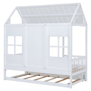 English Elm Twin House Bed White Pinewood Frame with Pull Out Trundle for Kids Bedroom LP001668AAK-2