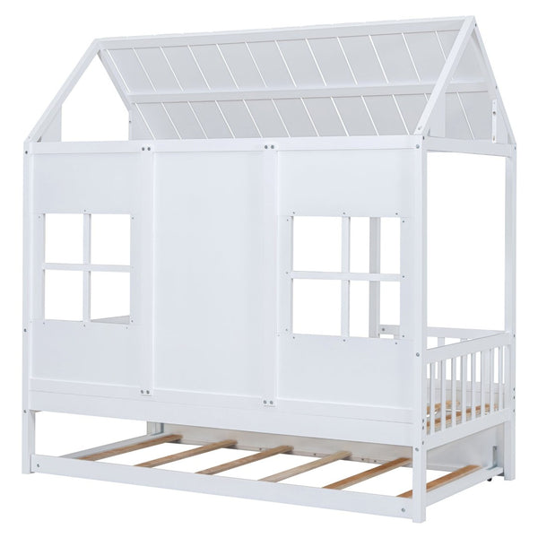 English Elm Twin House Bed White Pinewood Frame with Pull Out Trundle for Kids Bedroom LP001668AAK-2