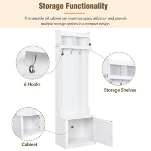 English Elm On-trend Slim Hall Tree Entryway Bench with Cabinet Six Hooks Matte Foyer Storage White N721P249243K