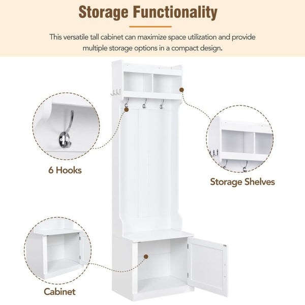 English Elm On-trend Slim Hall Tree Entryway Bench with Cabinet Six Hooks Matte Foyer Storage White N721P249243K