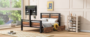 English Elm Twin Twin Size Metal Platform Bed with MDF Headboard, 2 Underbed Storage Drawers & Rotating TV Mount, Black - Low-Profile Modern Design WF309871AAB