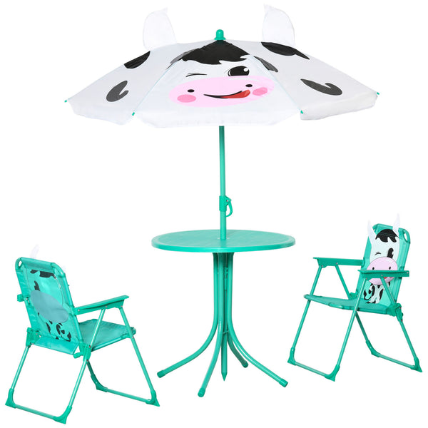 English Elm Kids Cow-Pattern Table & Chair Set with Foldable Umbrella, Adjustable Height, Portable Patio Playset for Ages 3-6 W2225P152516
