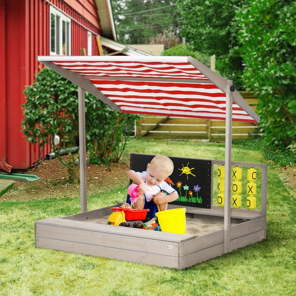 English Elm Kids Wooden Outdoor Sandbox with Canopy Chalkboard and Tic Tac Toe Play Panel W2225P152509