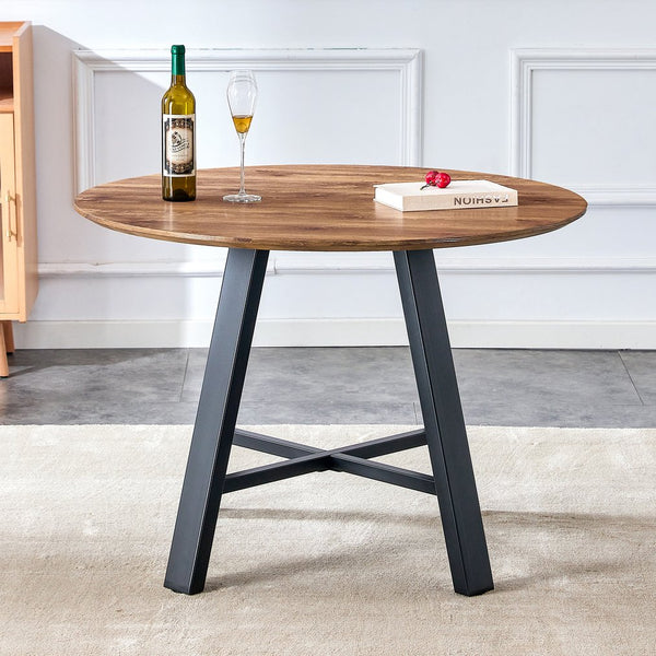 English Elm A modern minimalist circular wooden dining table 42” MDF tabletop, black metal legs, quick 15‑min assembly, versatile home office decor W1151P195678