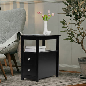 English Elm End Narrow Sofa Side Table with Charging Station, Black MDF Nightstand, Drawer & Shelf, 24"H, ETL W2181P152443