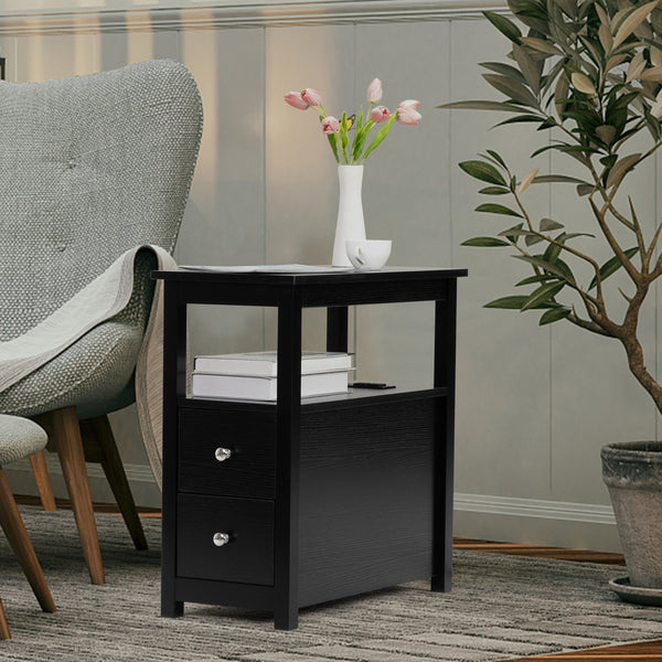 English Elm End Narrow Sofa Side Table with Charging Station, Black MDF Nightstand, Drawer & Shelf, 24"H, ETL W2181P152443