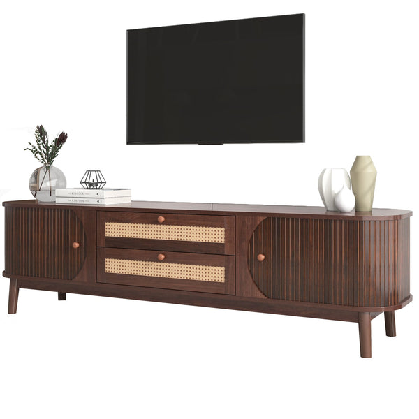 English Elm Rattan Modern Farmhouse TV Stand for TVs up to 75" with Rattan Drawers, Sliding Doors, Cable Management and Solid Wood Legs WF316663AAP