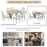 Hearth and Haven Trexm Wood Dining Table Set For 6, Farmhouse Rectangular Dining Table and 6 Upholstered Chairs Ideal For Dining Room, Kitchen (Nartural Wood Wash+Beige) ST000113AAD