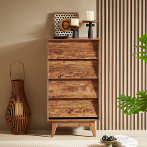 English Elm 4 Drawer Double Dresser with Vintage Bevel Design, Brown MDF Storage Chest for Tidy Rooms, Compact Elegance W578132027