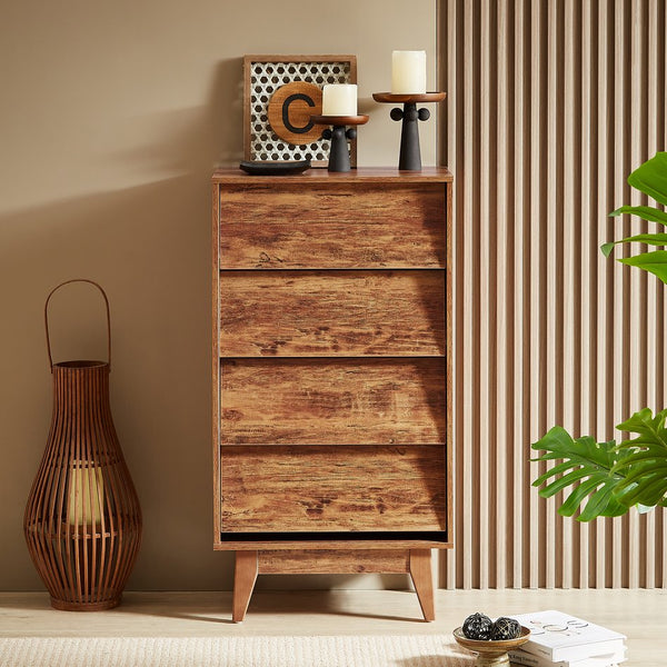 English Elm 4 Drawer Double Dresser with Vintage Bevel Design, Brown MDF Storage Chest for Tidy Rooms, Compact Elegance W578132027