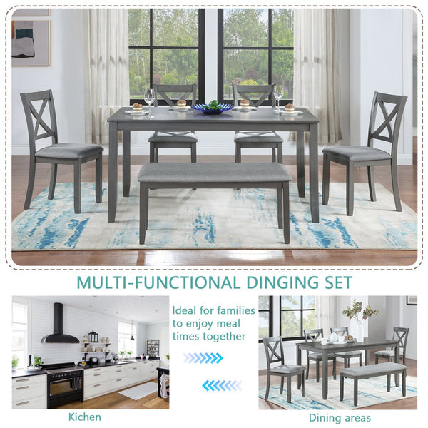 English Elm 6 Piece Kitchen Dining Set – Modern Rectangular Table & 4 Upholstered Chairs With Bench In Gray Finish W1998S00004
