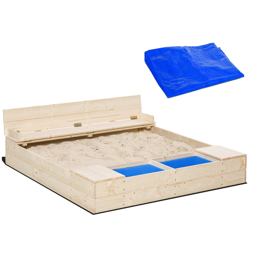 English Elm Kids Solid Fir Wood Outdoor Sandbox with Bench Seating Waterproof Cover and Storage W2225P152506