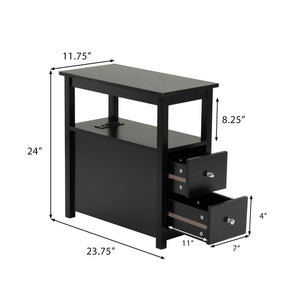 English Elm End Narrow Sofa Side Table with Charging Station, Black MDF Nightstand, Drawer & Shelf, 24"H, ETL W2181P152443