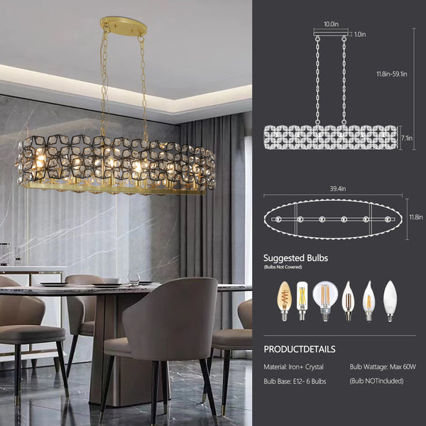 English Elm 39" Contemporary Crystal BlackGold Pendant Chandelier — Geometric K9 Crystal 6-Light Fixture for Dining Room Ambience W1340120162