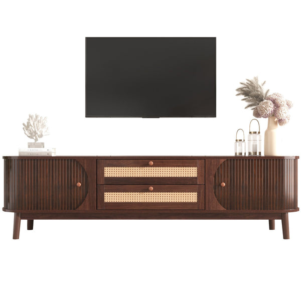 English Elm Rattan Modern Farmhouse TV Stand for TVs up to 75" with Rattan Drawers, Sliding Doors, Cable Management and Solid Wood Legs WF316663AAP