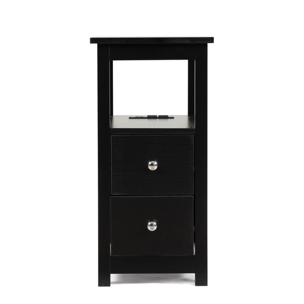 English Elm End Narrow Sofa Side Table with Charging Station, Black MDF Nightstand, Drawer & Shelf, 24"H, ETL W2181P152443
