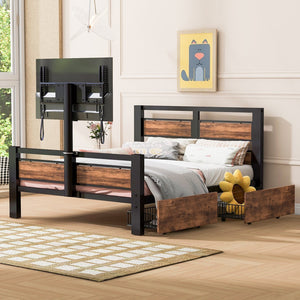 English Elm Twin Twin Size Metal Platform Bed with MDF Headboard, 2 Underbed Storage Drawers & Rotating TV Mount, Black - Low-Profile Modern Design WF309871AAB