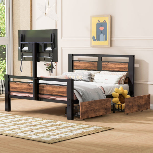 English Elm Twin Twin Size Metal Platform Bed with MDF Headboard, 2 Underbed Storage Drawers & Rotating TV Mount, Black - Low-Profile Modern Design WF309871AAB